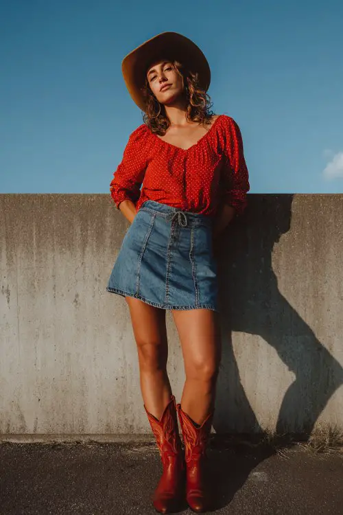 a woman wears a red top with denim skirt and red cowboy boots, brown cowboy hat for country concert