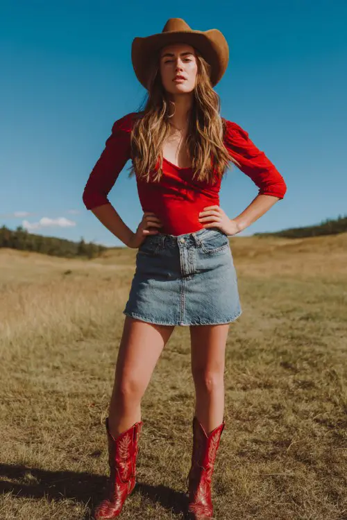 a woman wears a red top with denim skirt and red cowboy boots, brown cowboy hat for country concert