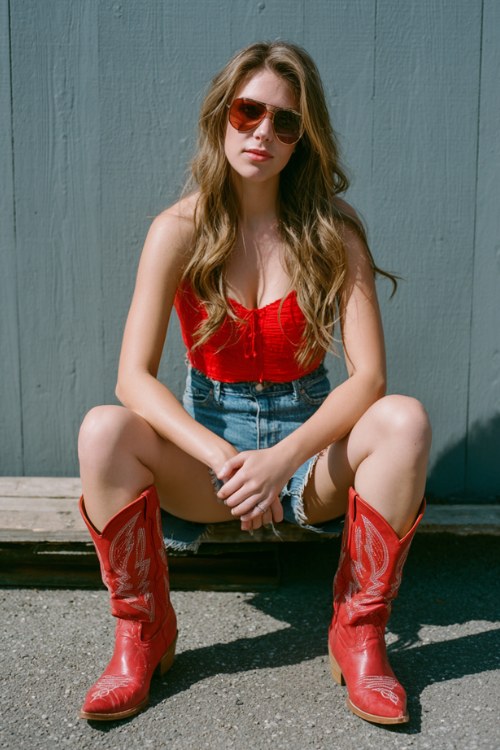 a woman wears a red top with denim skirt and red cowboy boots for country concert