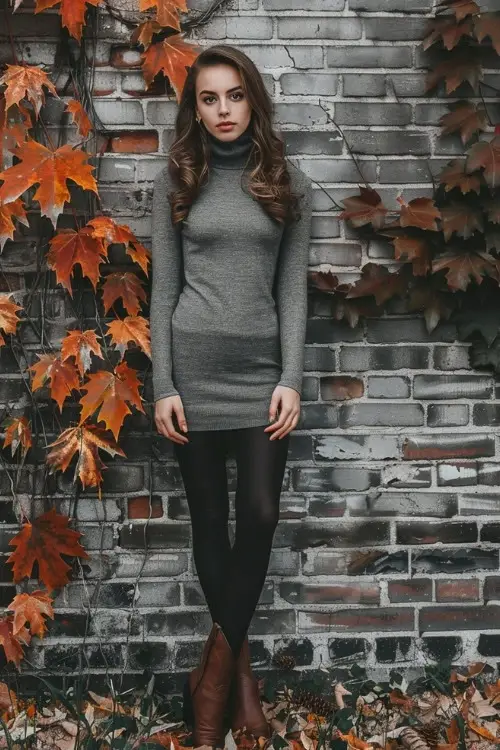 a woman wears a sweater dress, tights and brown cowboy boots