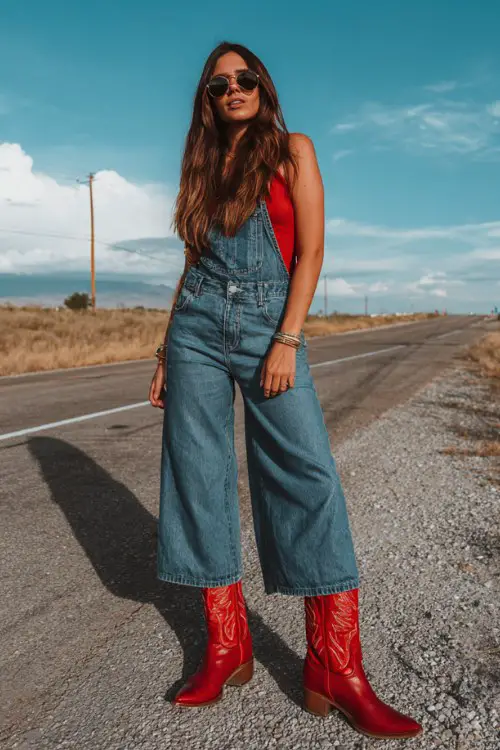 a woman wears an overall over a red top with red cowboy boots