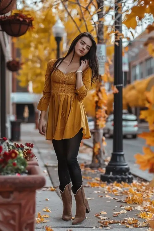 a woman wears brown cowboy boots, tights and a yellow dress