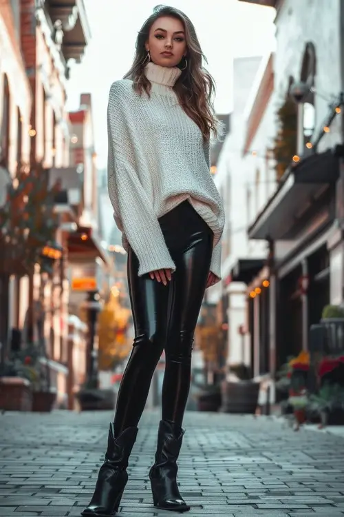 a woman wears leather leggings, black cowboy boots with a sweater
