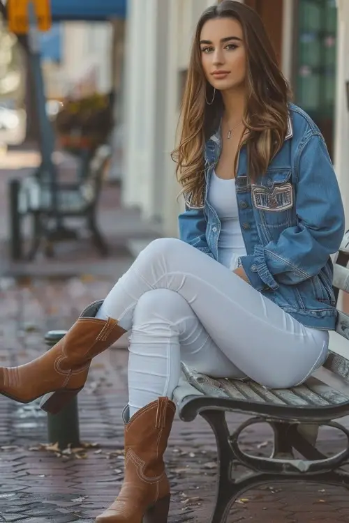 a woman wears white leggings, brown cowboy boots with a denim jacket