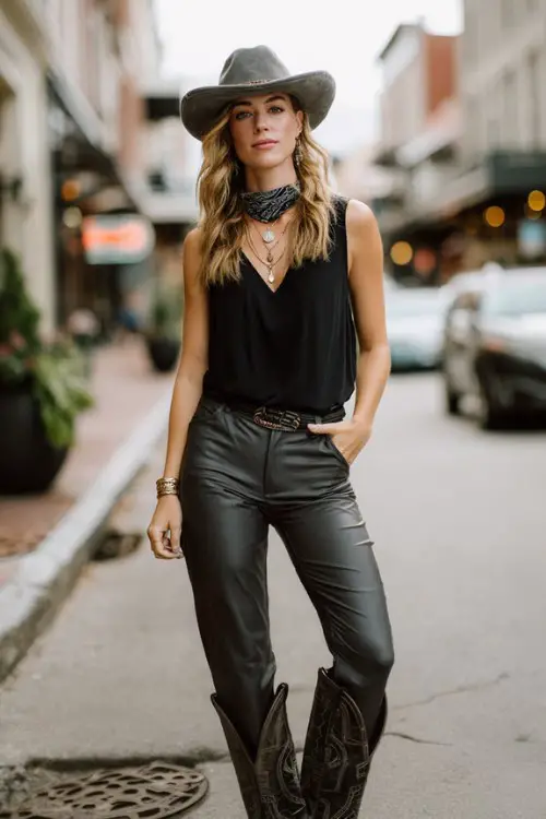woman in a black sleeveless top with dark gray faux leather leggings and cowboy boots and western hat on the street