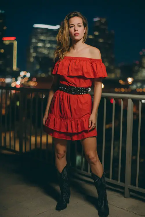 woman over 30 wears a bold red off-shoulder dress with ruffle neckline and ruffle layered hem, black cowboy boots and a studded belt