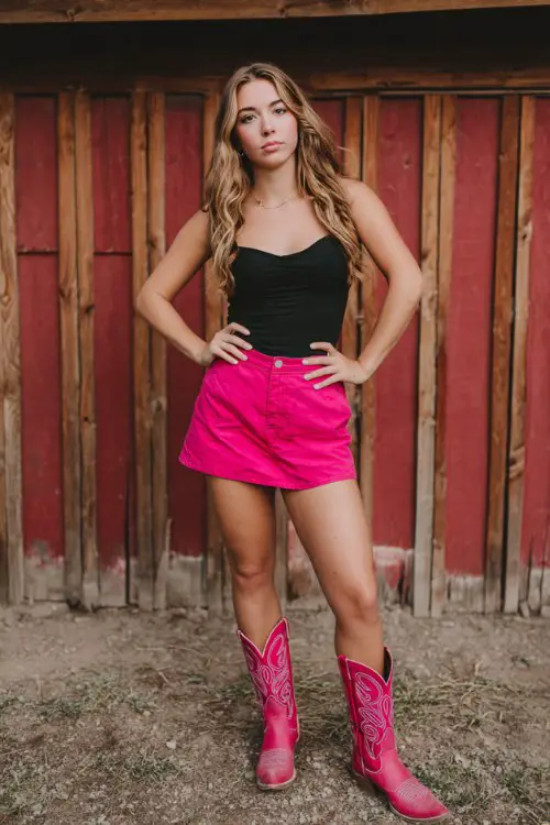 woman wears black top, hot pink skirt or shorts and hot pink cowboy boots outfit for country concert, full body