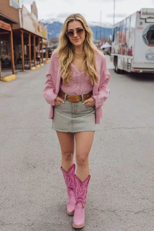 woman wears pink cowboy boots outfit for country concert