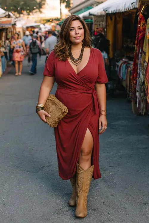 A curvy woman wears a red wrap dress with a thigh-high slit and tan cowboy boots, accessorized with layered necklaces