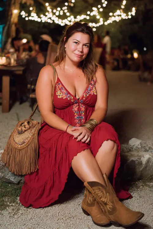 A plus-size woman wears a breezy red maxi dress with embroidered details and suede cowboy boots