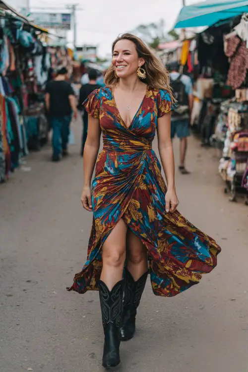 A plus-size woman wears a long wrap summer dress with a bold print and flowy skirt, paired with black cowboy boots and statement earrings
