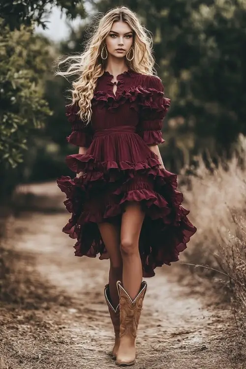 A stylish guest in a burgundy ruffled midi dress, tan cowboy boots, and gold hoop earrings, posing on a dirt path leading to a barn reception (2)