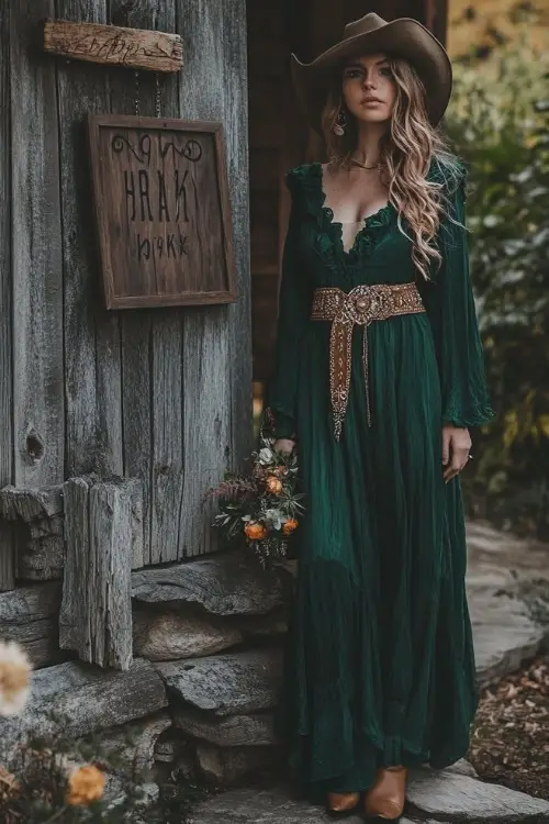 A wedding guest wearing a dark emerald green boho maxi dress, tan cowboy boots, and a statement belt