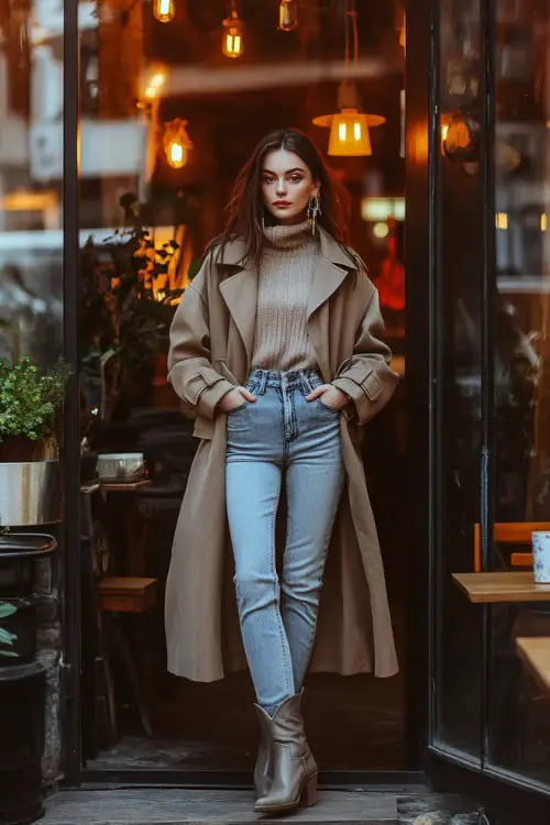 A woman dressed in mid-rise cropped jeans and distressed gray short cowboy boots, paired with a chunky sweater and a long wool trench coat