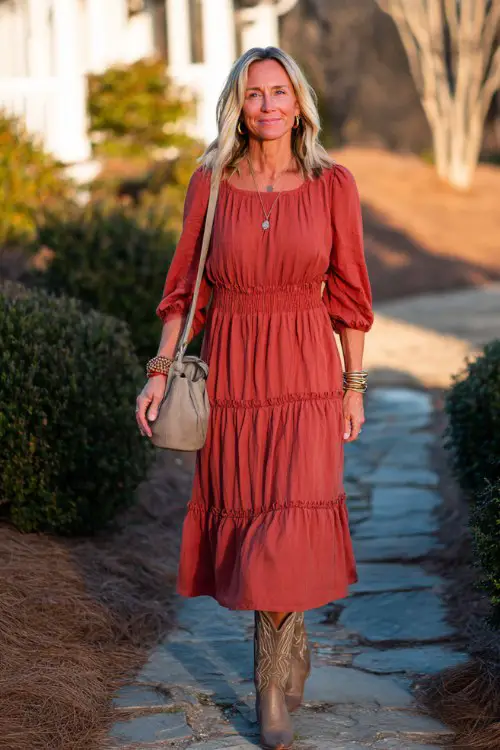 A woman over 40 wears a soft red tiered midi dress with neutral cowboy boots, paired with a structured handbag and simple bracelets