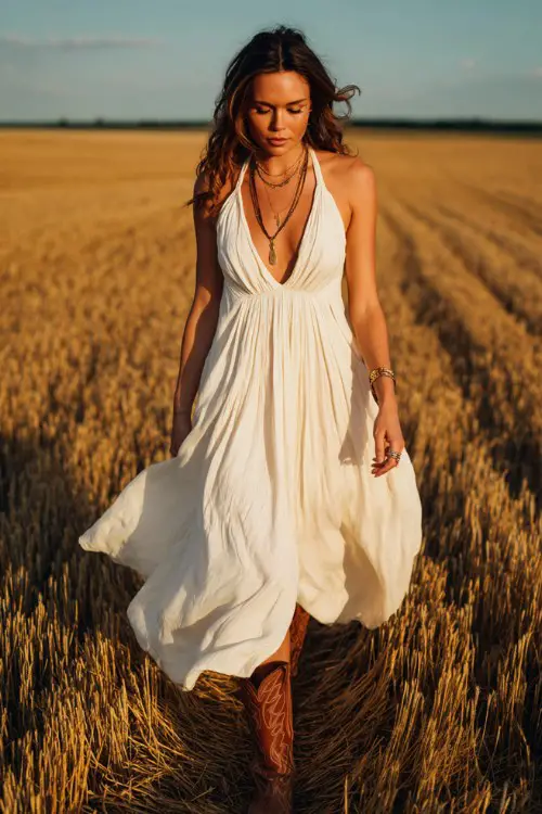 A woman wears a flowing white maxi summer dress with a deep V neckline and soft pleats, styled with distressed brown cowboy boots and layered necklaces