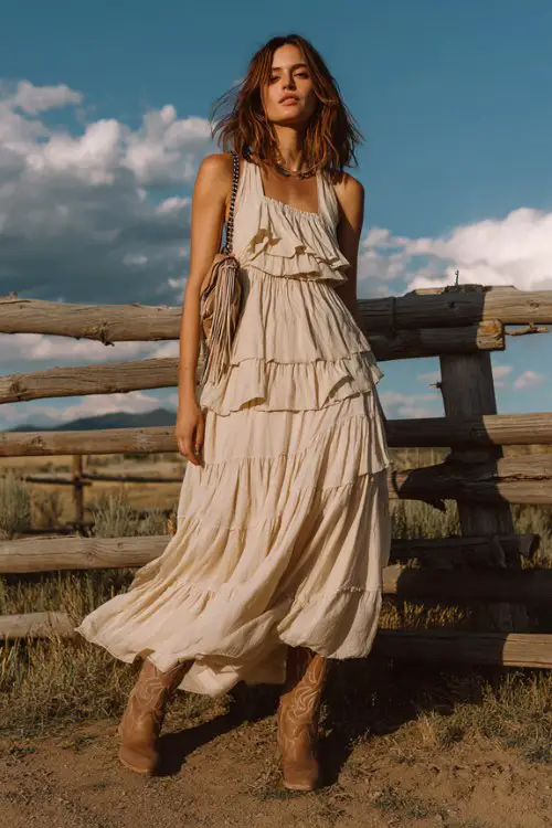 A woman wears a lightweight chiffon maxi dress with layered ruffles, styled with neutral-toned cowboy boots and a fringe crossbody bag