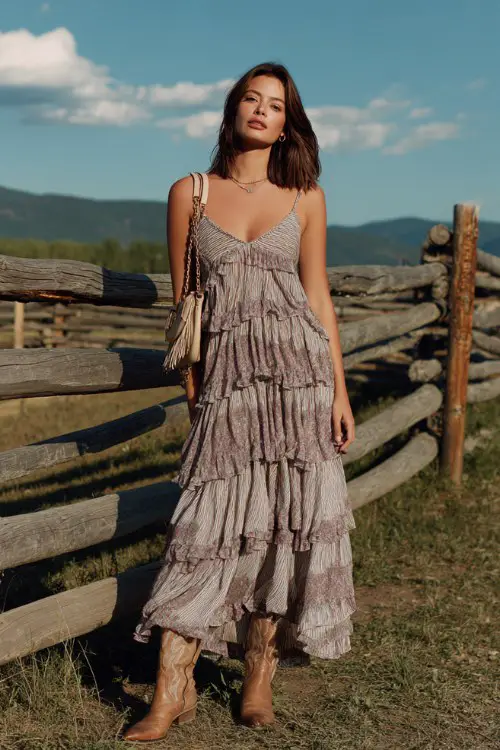 A woman wears a lightweight chiffon maxi dress with layered ruffles, styled with neutral-toned cowboy boots and a fringe crossbody bag