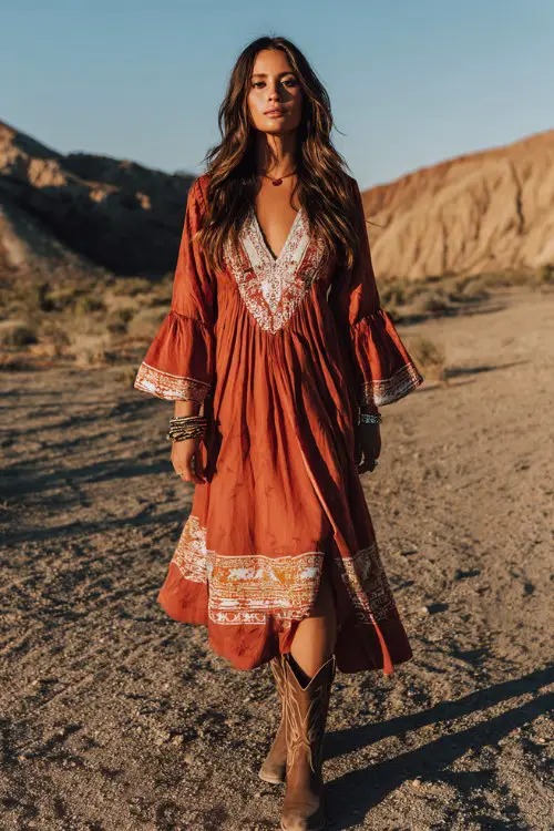 A woman wears a long bohemian summer dress with intricate embroidery and bell sleeves, paired with classic brown cowboy boots and stacked bracelets