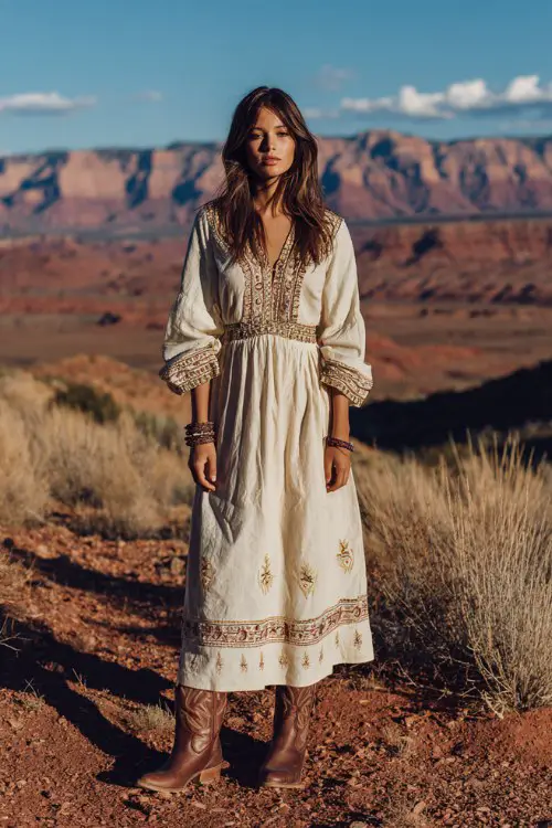 A woman wears a long bohemian summer dress with intricate embroidery and bell sleeves, paired with classic brown cowboy boots