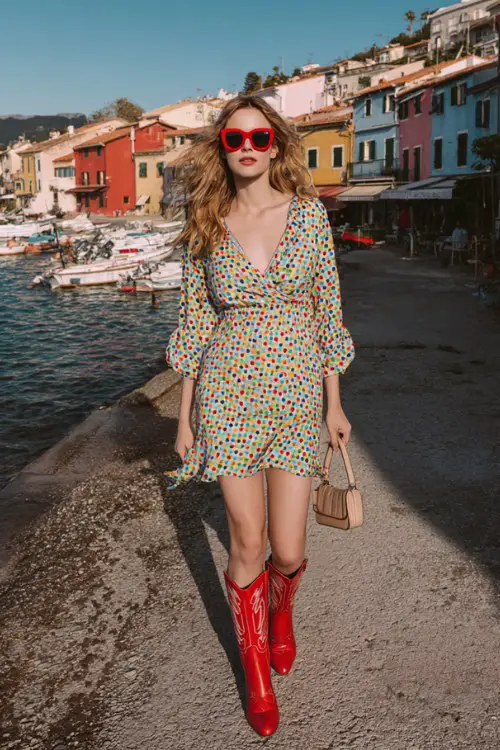 A woman wears a playful polka dot mini dress with red cowboy boots, styled with bold sunglasses and a small top-handle bag