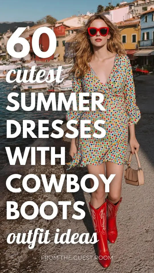 A woman wears a playful polka dot mini summer dress with cowboy boots outfit, styled with bold sunglasses and a small top-handle bag