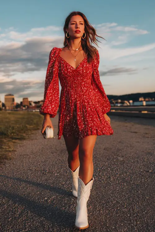A woman wears a red smocked dress with a flared skirt and white cowboy boots, styled with hoop earrings and a soft clutch