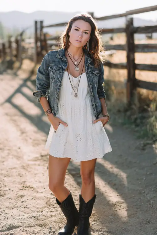 A woman wears a white eyelet mini dress with black cowboy boots, styled with a denim jacket and layered necklaces