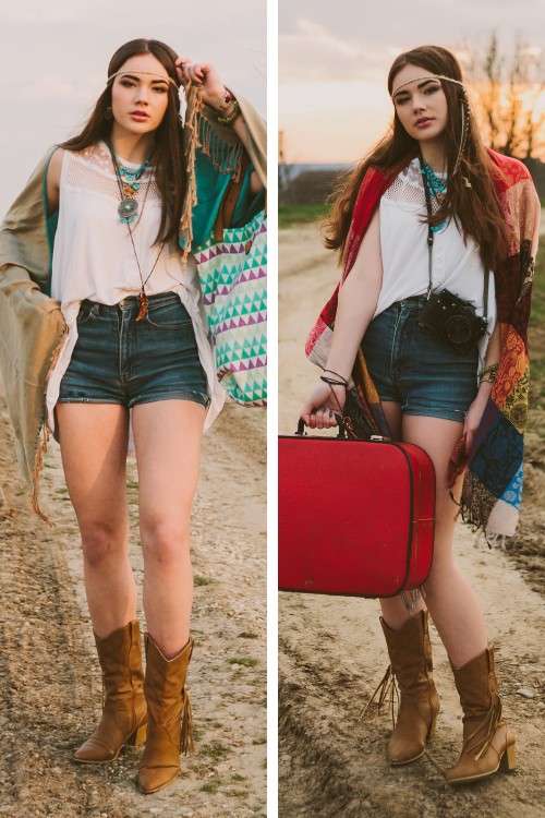 A woman wears shorts with cowboy boots
