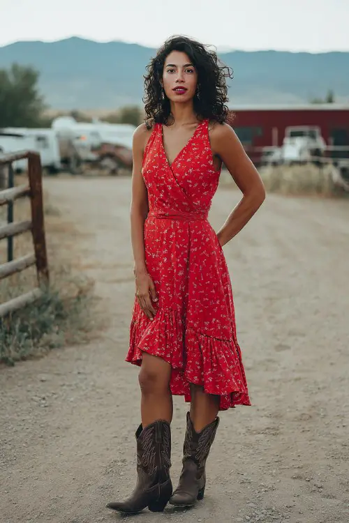a woman wears a red floral dress with cowboy boots