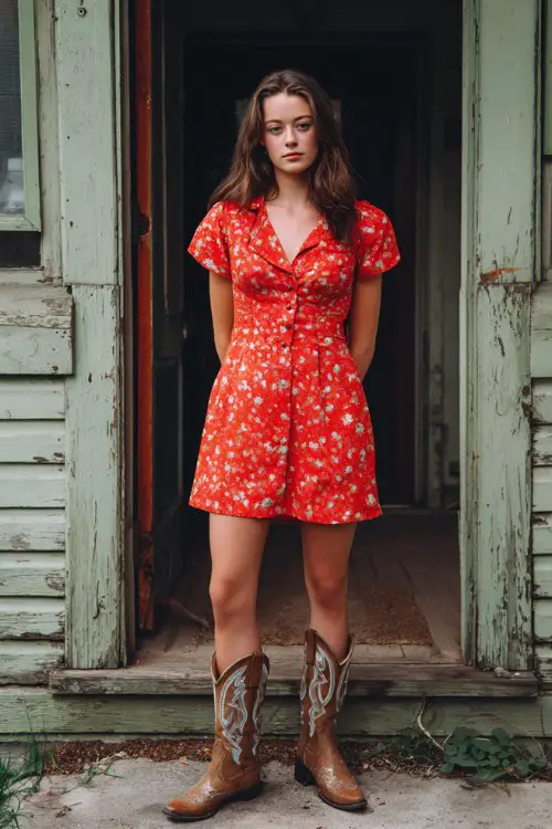 a woman wears a red floral mini dress with cowboy boots