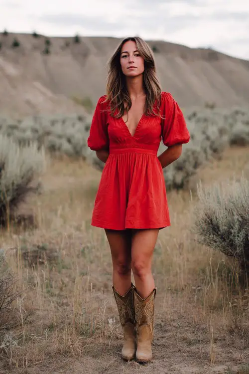a woman wears a red mini dress with cowboy boots