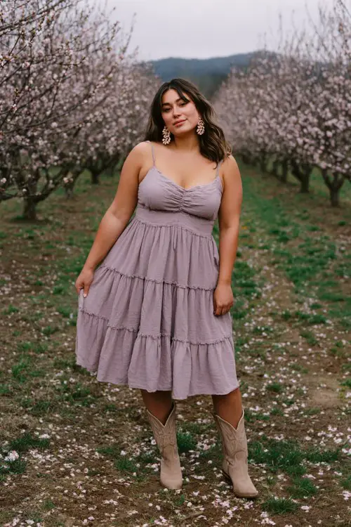 A plus-size woman wears a soft lilac tiered dress with airy layers and delicate straps, paired with suede cowboy boots and statement earrings