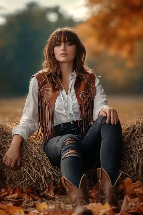 A woman in brown cowboy boots with a fringe vest over a white blouse and dark ripped jeans. She’s sitting on a bale of hay