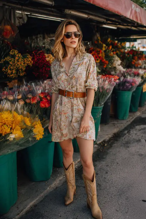 A woman over 30 wears a breezy shirt dress with tan cowboy boots, paired with a leather belt and oversized sunglasses