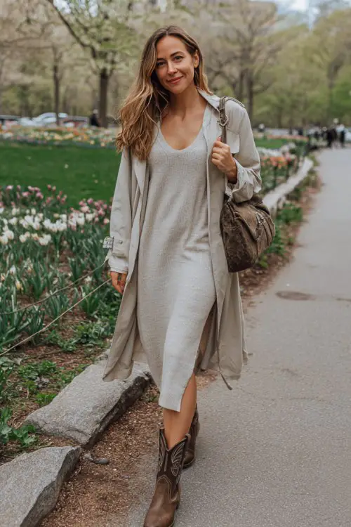 A woman over 30 wears a relaxed knit midi dress with a side slit and soft drape, layered with a light trench coat