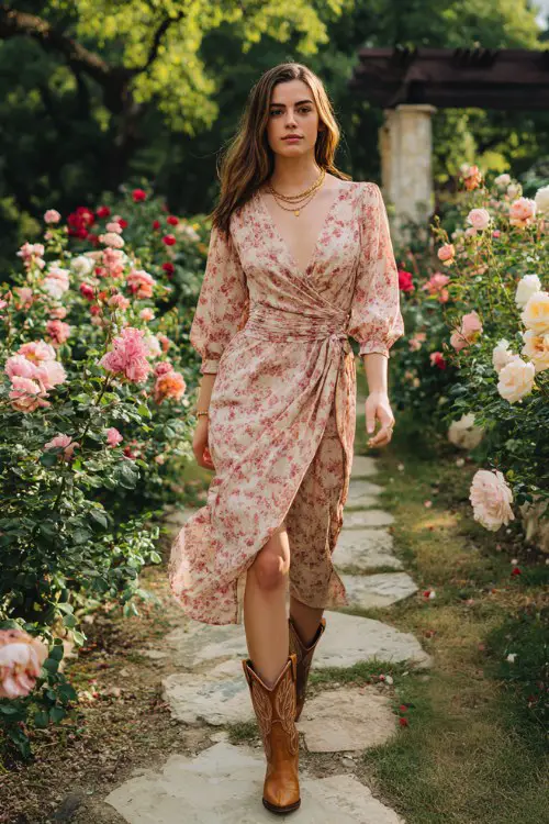 A woman wears a lightweight floral wrap midi dress in soft pink tones, paired with tan cowboy boots and delicate gold jewelry