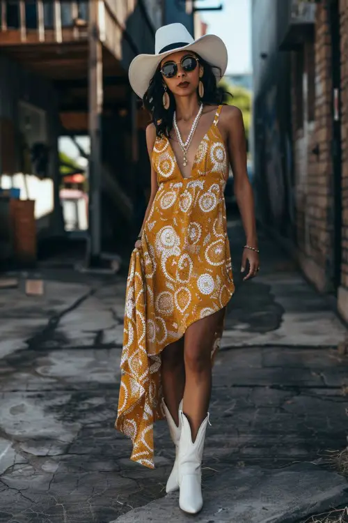 A woman wears a long dress with white cowboy boots