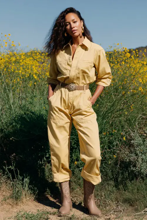 A woman wears a relaxed-fit jumpsuit with rolled sleeves and ankle-length cowboy boots, styled with a statement belt and hoop earrings