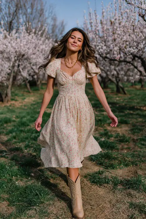 A woman wears a soft floral midi dress in pastel tones with flutter sleeves, paired with light brown cowboy boots
