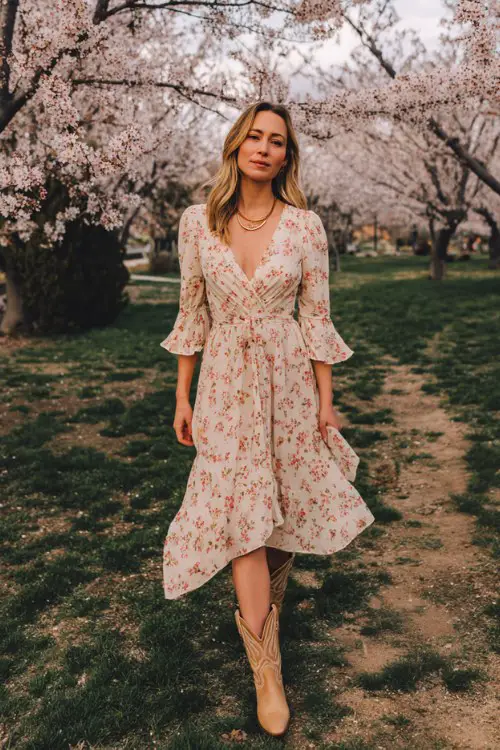 A woman wears a soft floral midi dress in pastel tones with flutter sleeves, paired with light brown cowboy boots