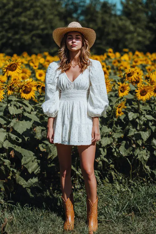 A woman wears a white eyelet mini dress with puff sleeves, styled with light brown cowboy boots and a straw hat