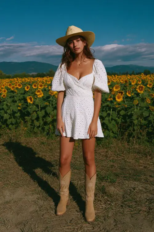 A woman wears a white eyelet mini dress with puff sleeves, styled with light brown cowboy boots and a straw hat