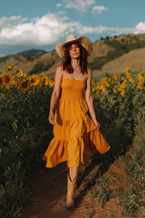 A woman wears a yellow tiered maxi dress, paired with light brown cowboy boots and a straw hat