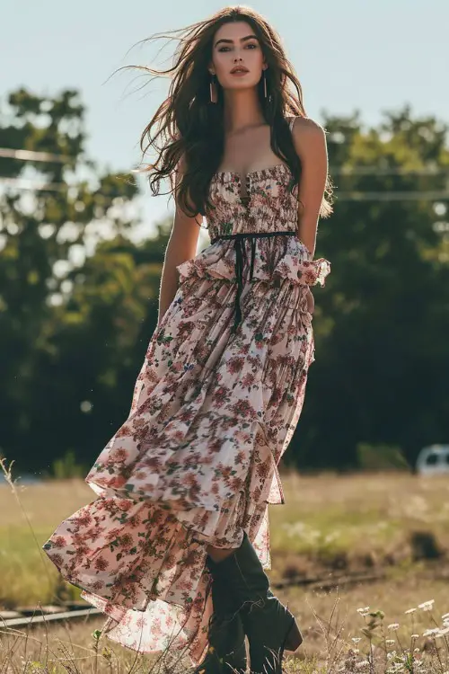 A woman wears black cowboy boots with a dress