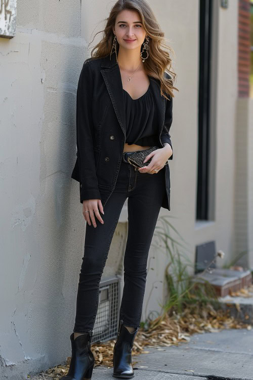 A woman wears black cowboy boots with black jeans, crop top and a blazer