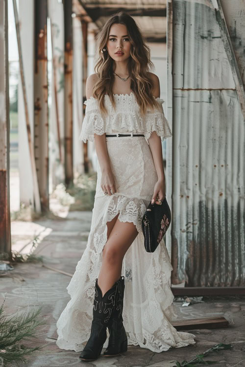 A woman wears black cowboy boots with long dress