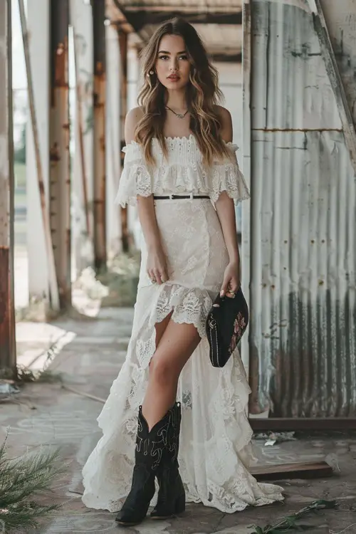 A woman wears black cowboy boots with long dress