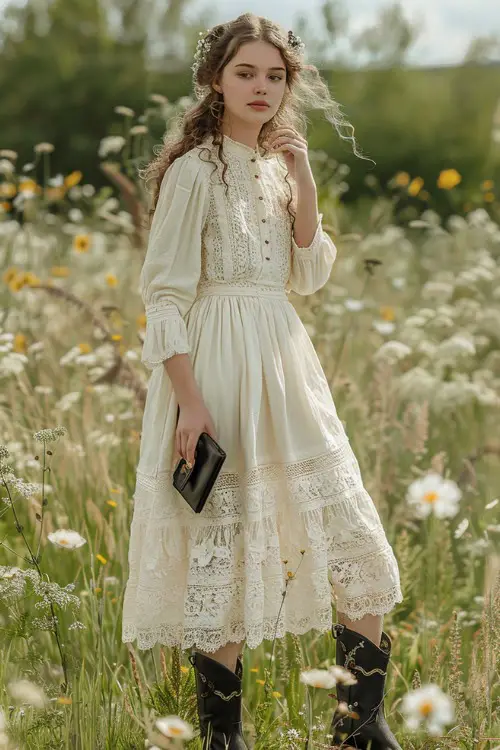 A woman wears black cowboy boots with white midi dress