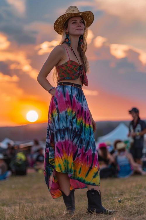A woman wears colorful skirt with mini top and cowboy hat (1)